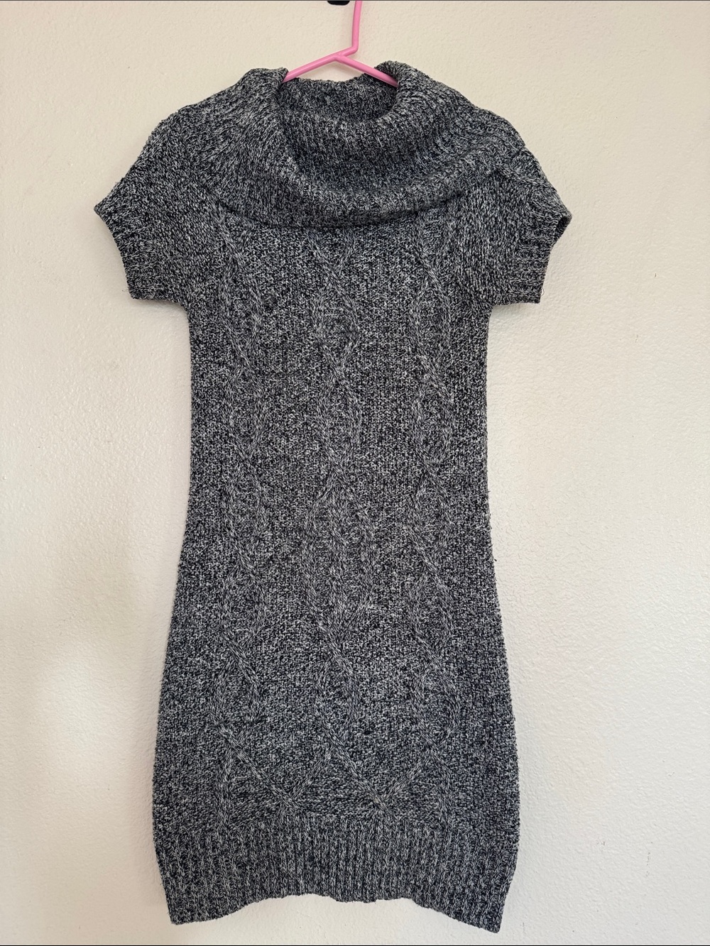 Cozy Gray Short-Sleeve Cowl Neck Sweater Dress